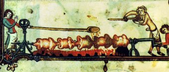 Прообразом гриля в средние века был вертел: иллюстрация Романа Брюгге, 1338-44 Библиотека имени Бодлея, Оксфорд